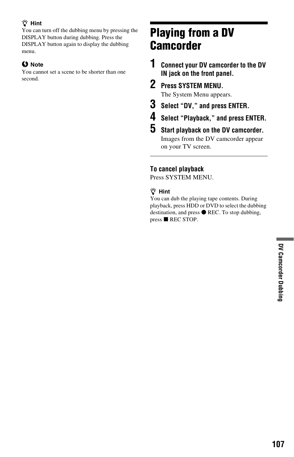 Playing from a dv camcorder, Playing from a dv camcorder 1 | Sony RDR-HXD970 User Manual | Page 107 / 172