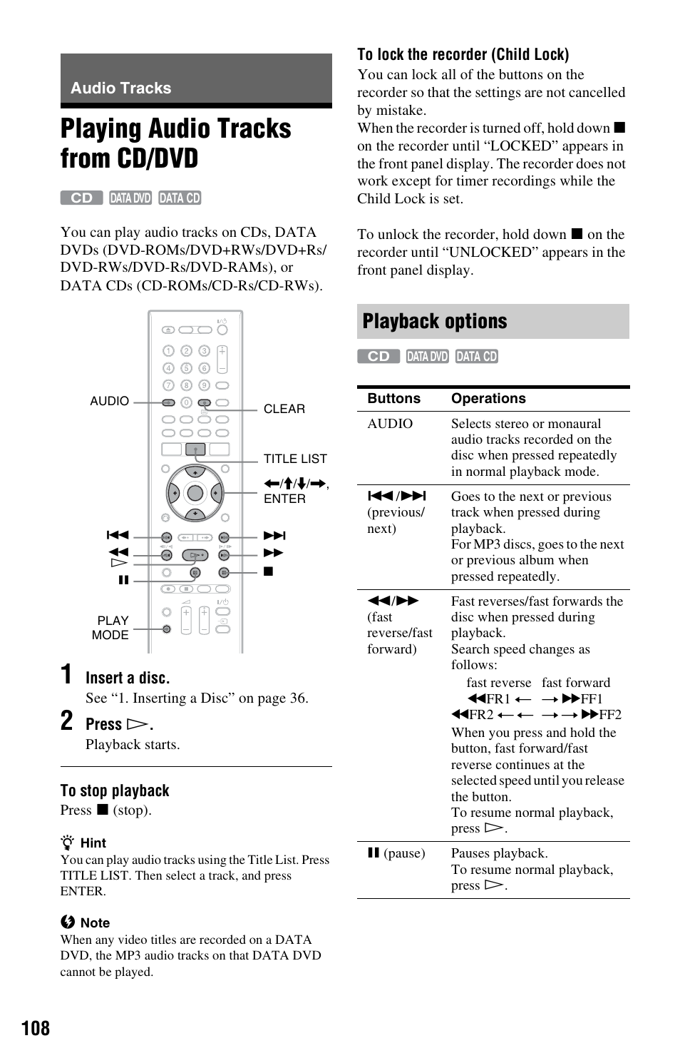 Audio tracks, Playing audio tracks from cd/dvd, Playback options | Sony RDR-HXD970 User Manual | Page 108 / 172