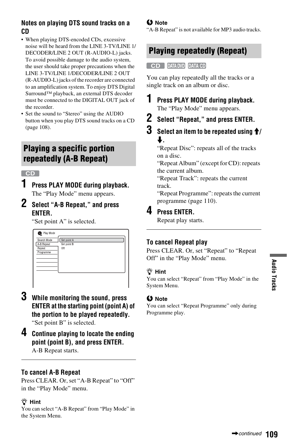 Playing a specific portion repeatedly (a-b repeat), Playing repeatedly (repeat) | Sony RDR-HXD970 User Manual | Page 109 / 172