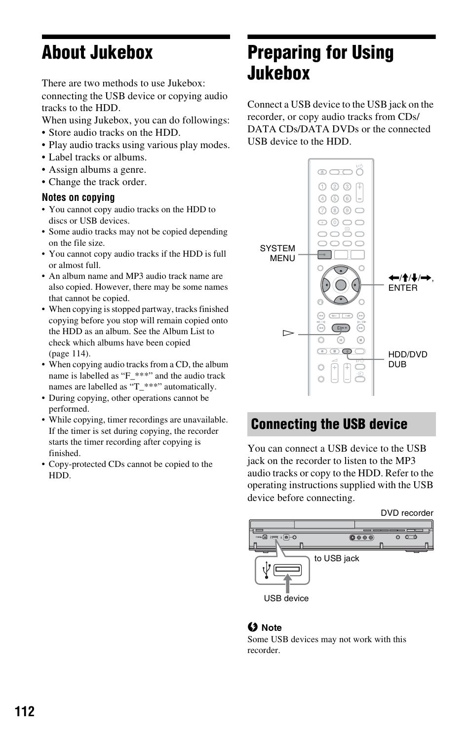 About jukebox, Preparing for using jukebox, Connecting the usb device | About jukebox preparing for using jukebox | Sony RDR-HXD970 User Manual | Page 112 / 172