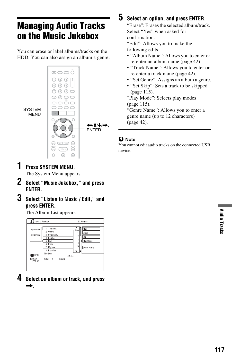 Managing audio tracks on the music jukebox | Sony RDR-HXD970 User Manual | Page 117 / 172