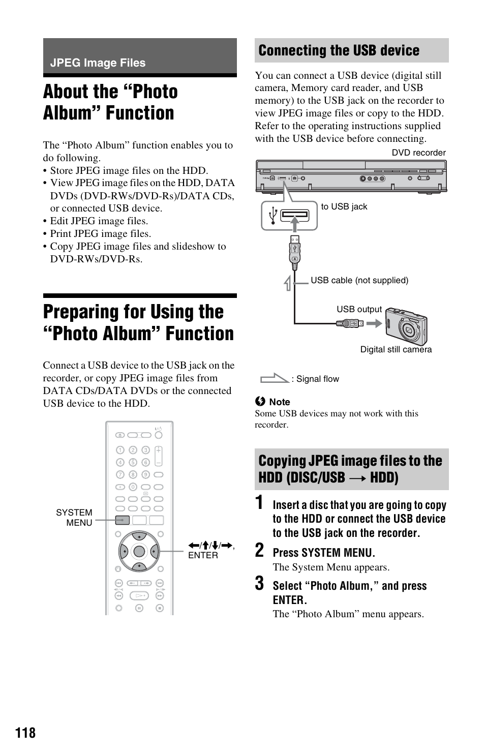 Jpeg image files, About the “photo album” function, Preparing for using the “photo album” function | Connecting the usb device | Sony RDR-HXD970 User Manual | Page 118 / 172