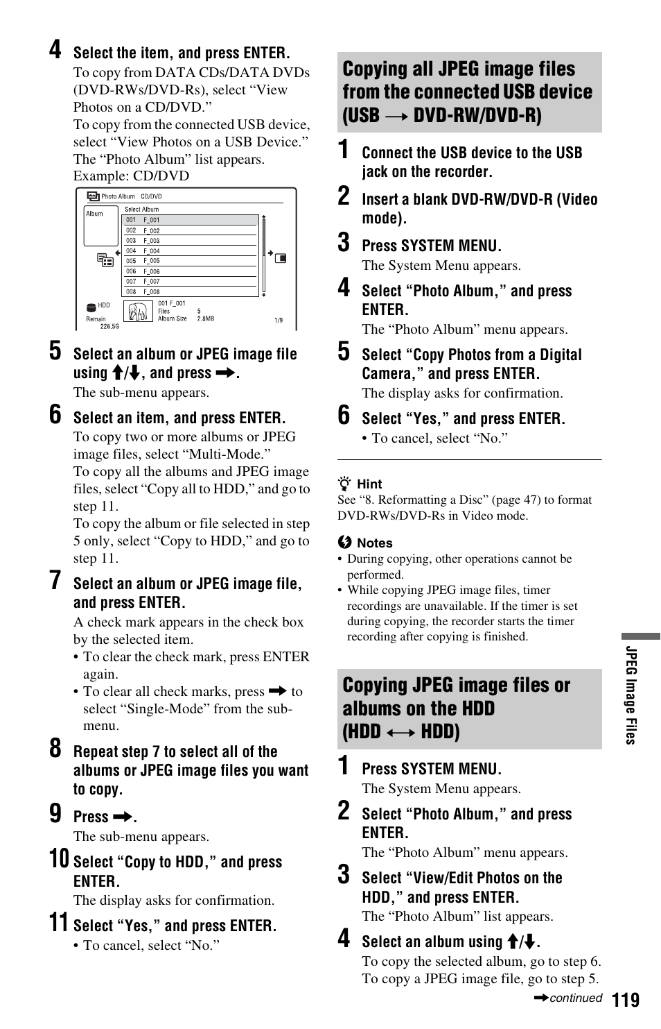 Copying jpeg image files or albums on the hdd (hdd | Sony RDR-HXD970 User Manual | Page 119 / 172