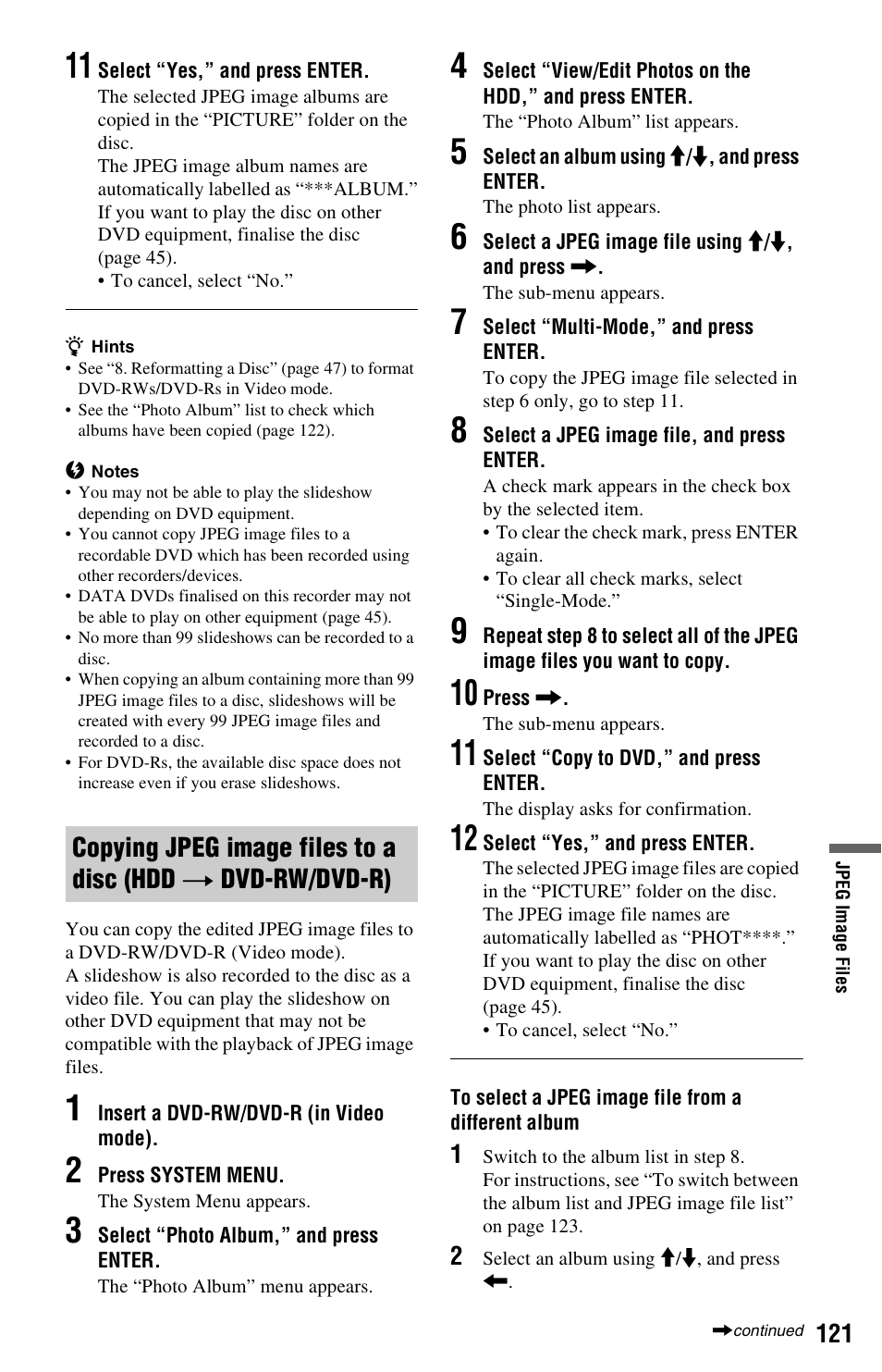 Copying jpeg image files to a disc (hdd | Sony RDR-HXD970 User Manual | Page 121 / 172