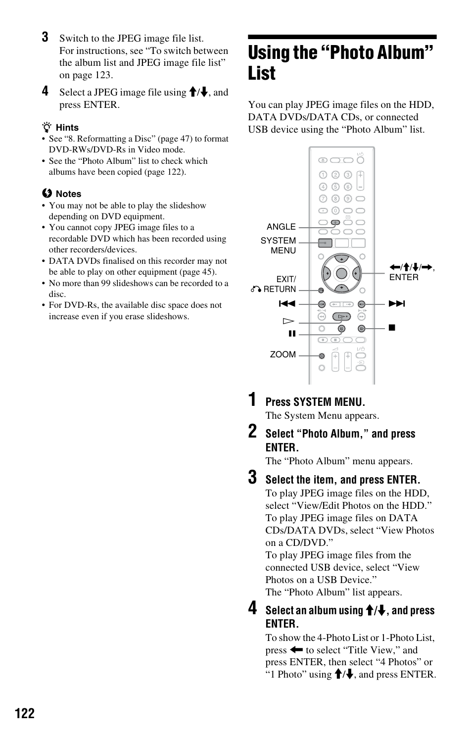 Using the “photo album” list | Sony RDR-HXD970 User Manual | Page 122 / 172
