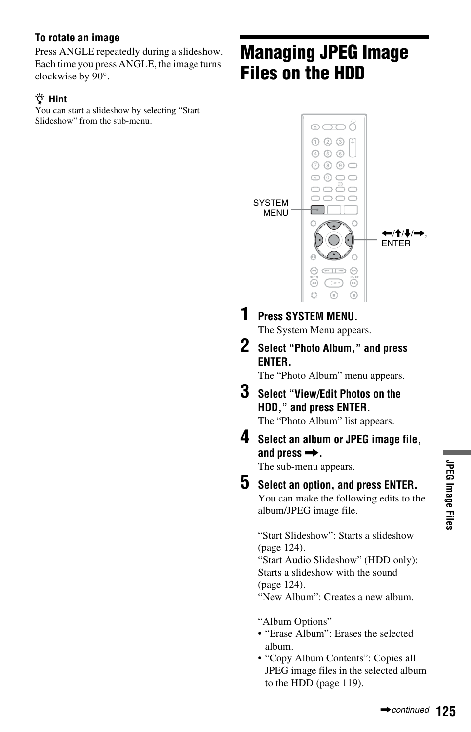 Managing jpeg image files on the hdd, Managing jpeg image files on the hdd 1 | Sony RDR-HXD970 User Manual | Page 125 / 172