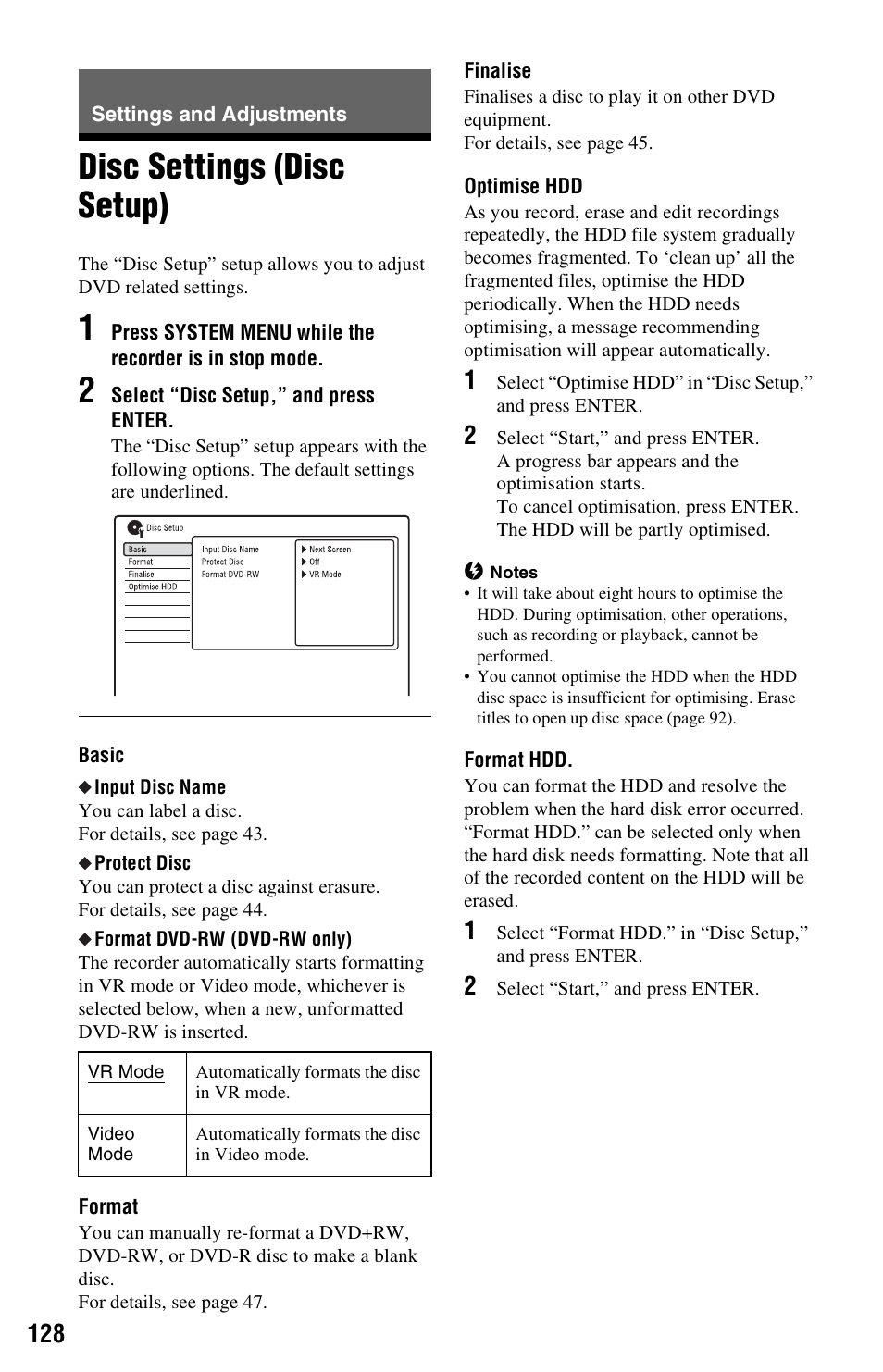 Settings and adjustments, Disc settings (disc setup) | Sony RDR-HXD970 User Manual | Page 128 / 172
