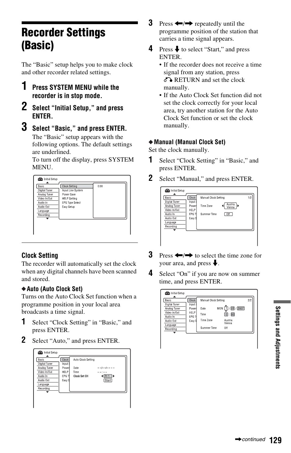 Recorder settings (basic) | Sony RDR-HXD970 User Manual | Page 129 / 172