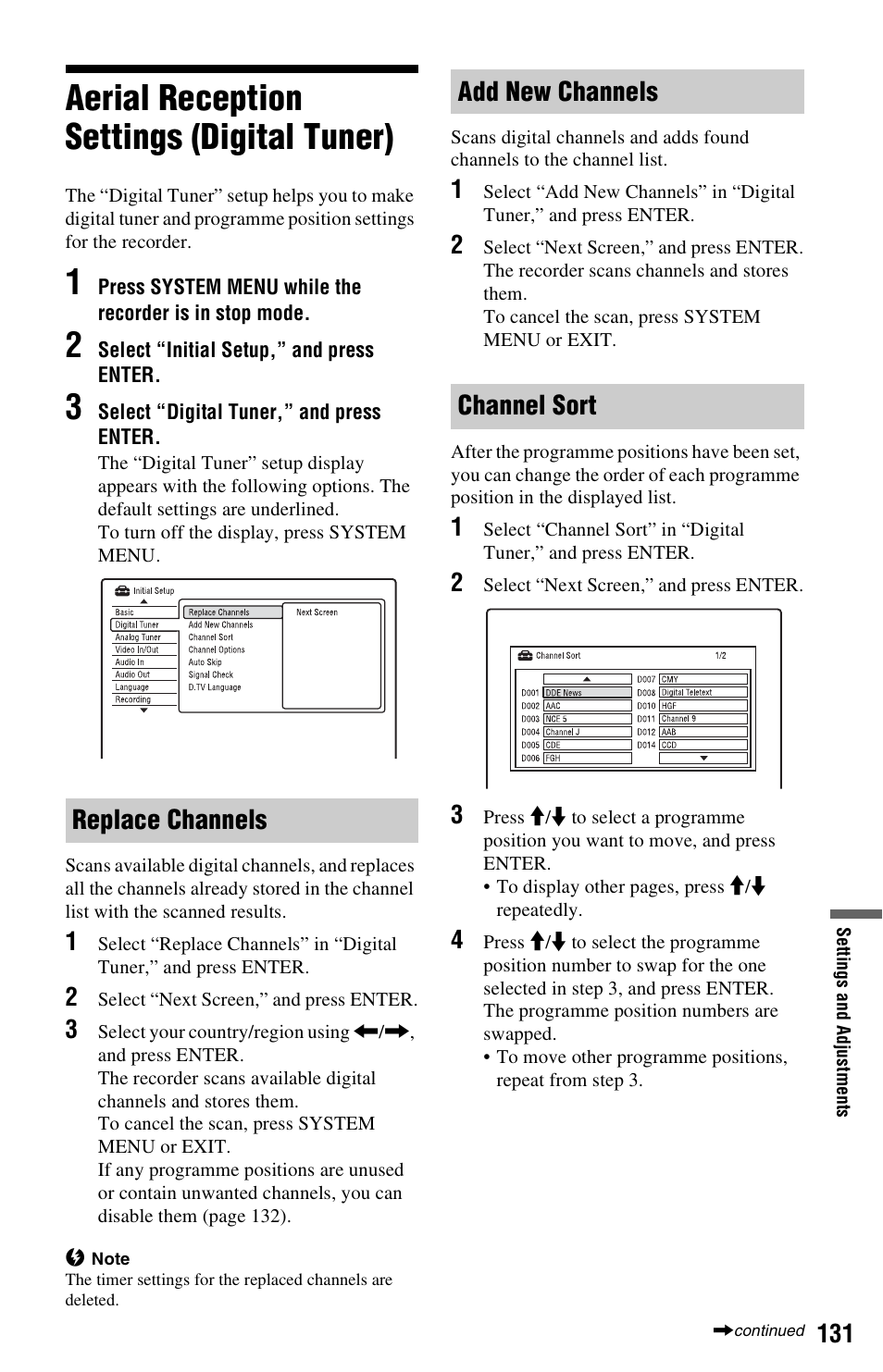 Aerial reception settings (digital tuner), Replace channels, Add new channels | Channel sort, Replace channels add new channels channel sort | Sony RDR-HXD970 User Manual | Page 131 / 172