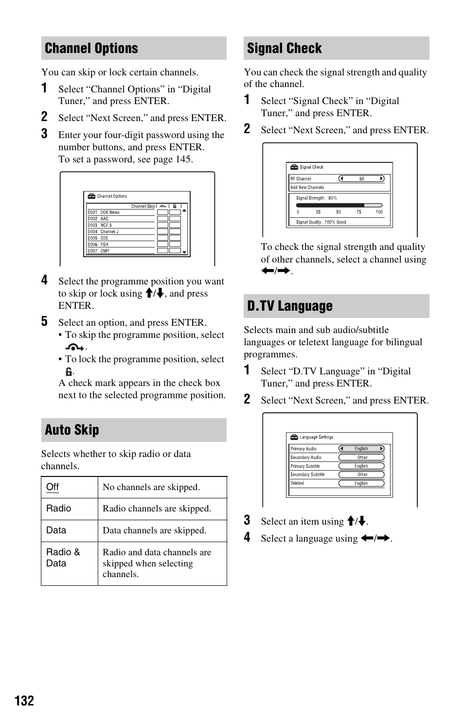 Channel options, Auto skip, Signal check | D.tv language, Channel options auto skip, Signal check d.tv language | Sony RDR-HXD970 User Manual | Page 132 / 172