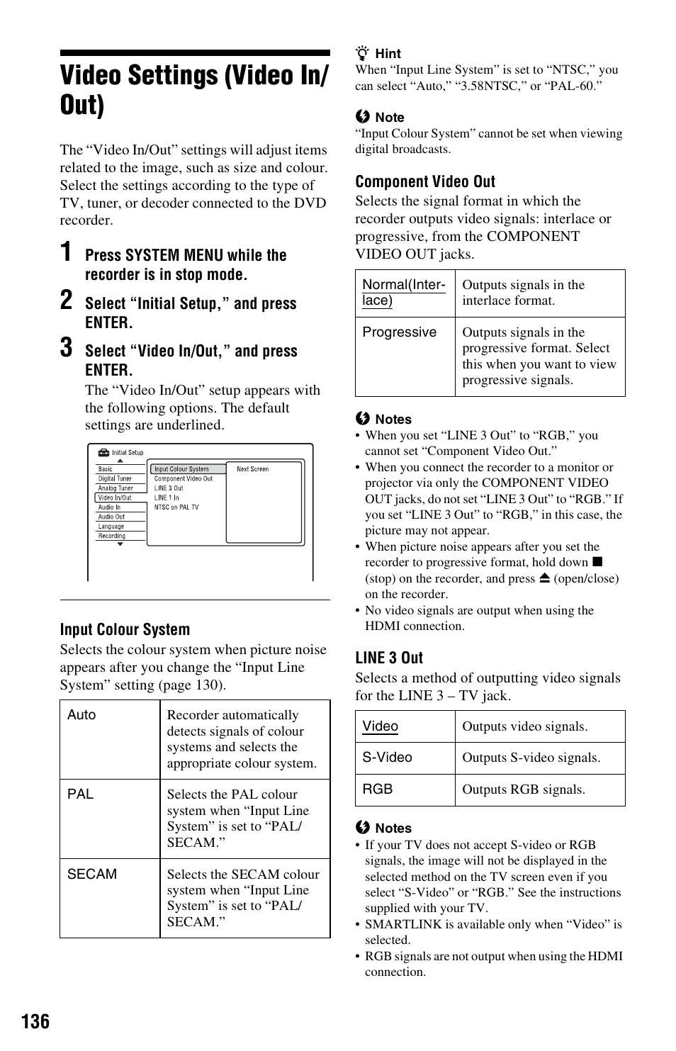 Video settings (video in/out), Video settings (video in/ out) | Sony RDR-HXD970 User Manual | Page 136 / 172