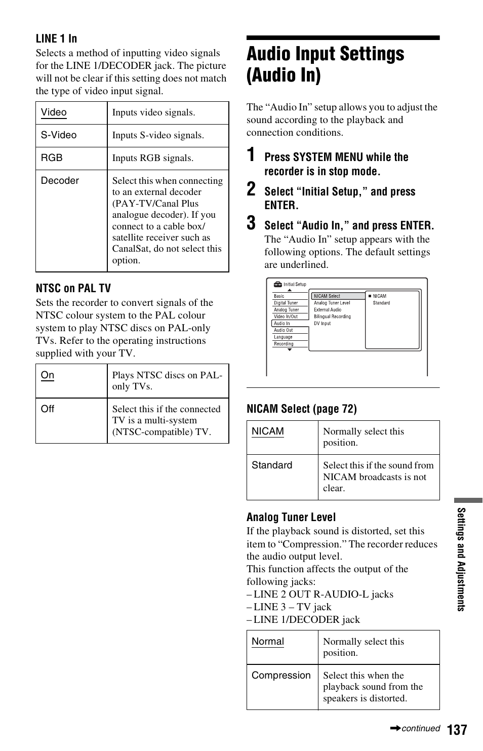 Audio input settings (audio in) | Sony RDR-HXD970 User Manual | Page 137 / 172