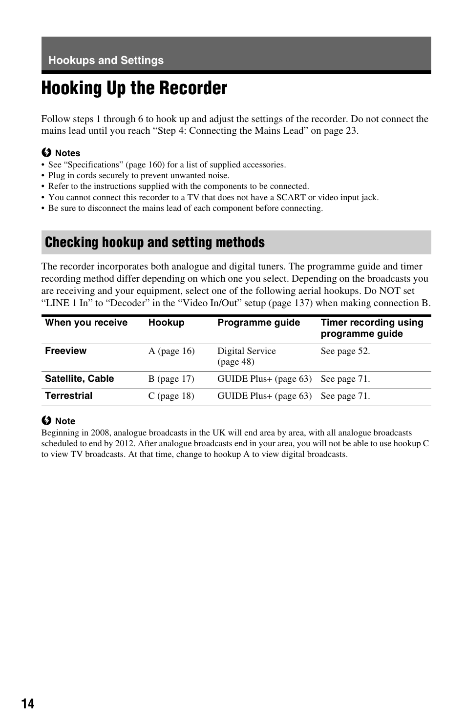 Hookups and settings, Hooking up the recorder, Checking hookup and setting methods | Sony RDR-HXD970 User Manual | Page 14 / 172