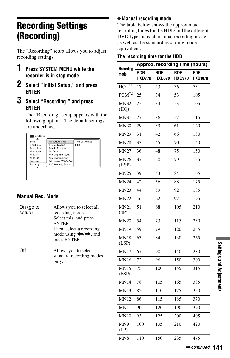 Recording settings (recording) | Sony RDR-HXD970 User Manual | Page 141 / 172