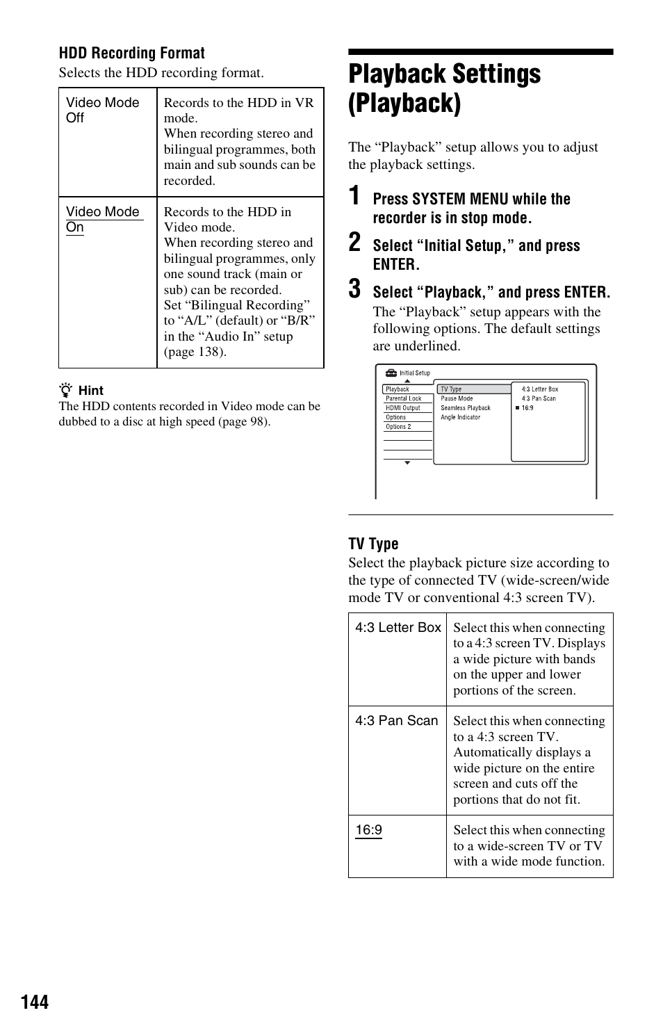 Playback settings (playback) | Sony RDR-HXD970 User Manual | Page 144 / 172