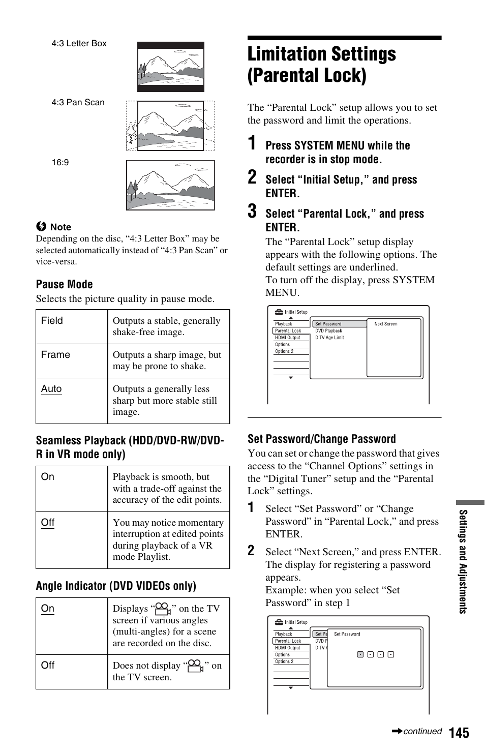 Limitation settings (parental lock) | Sony RDR-HXD970 User Manual | Page 145 / 172