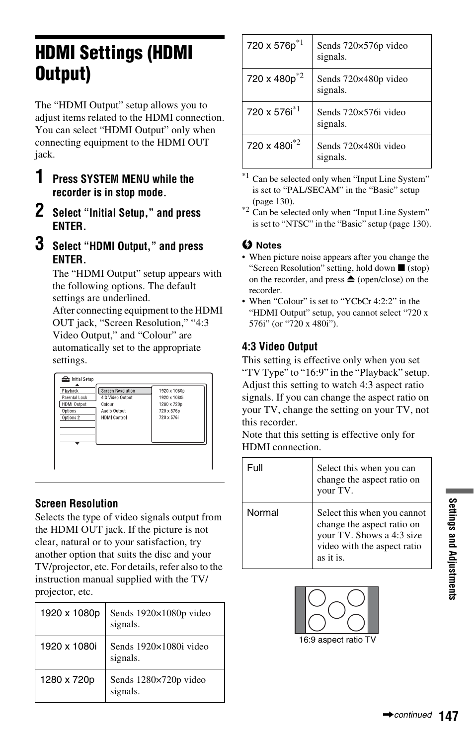 Hdmi settings (hdmi output) | Sony RDR-HXD970 User Manual | Page 147 / 172