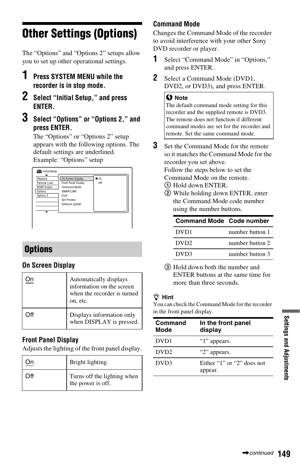 Other settings (options), Options | Sony RDR-HXD970 User Manual | Page 149 / 172
