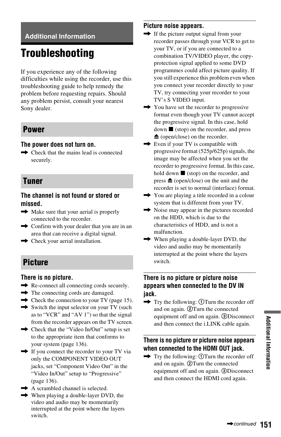 Additional information, Troubleshooting, Power tuner picture | Sony RDR-HXD970 User Manual | Page 151 / 172