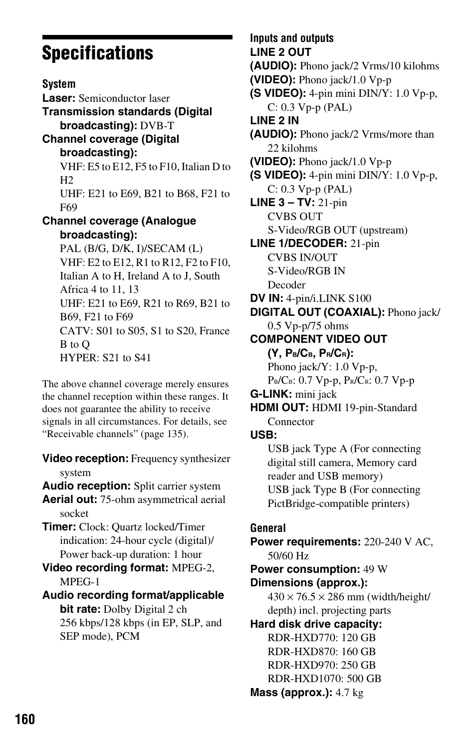 Specifications | Sony RDR-HXD970 User Manual | Page 160 / 172