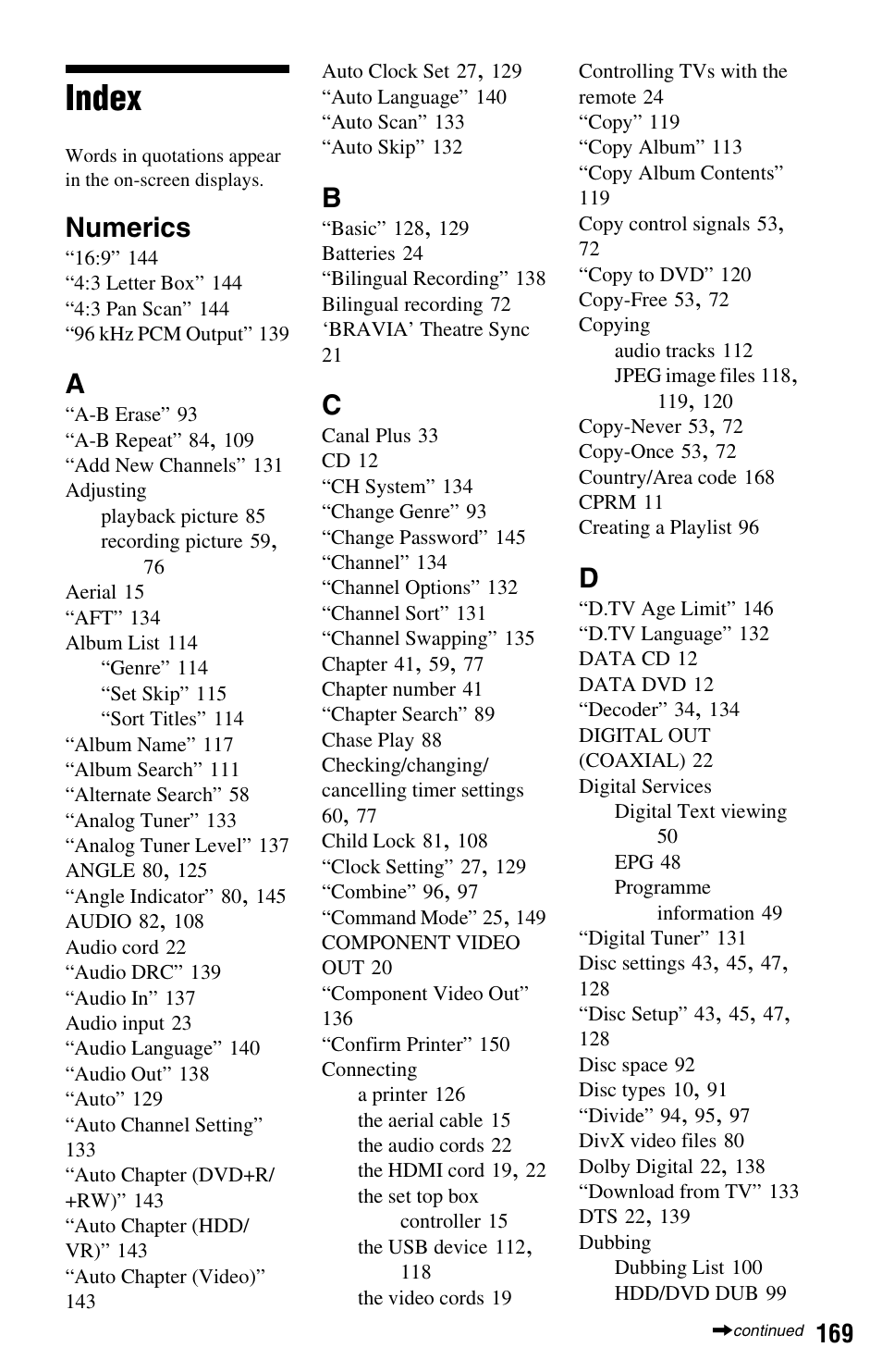 Index, Numerics | Sony RDR-HXD970 User Manual | Page 169 / 172