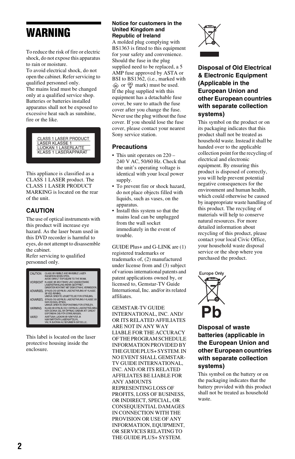 Warning | Sony RDR-HXD970 User Manual | Page 2 / 172