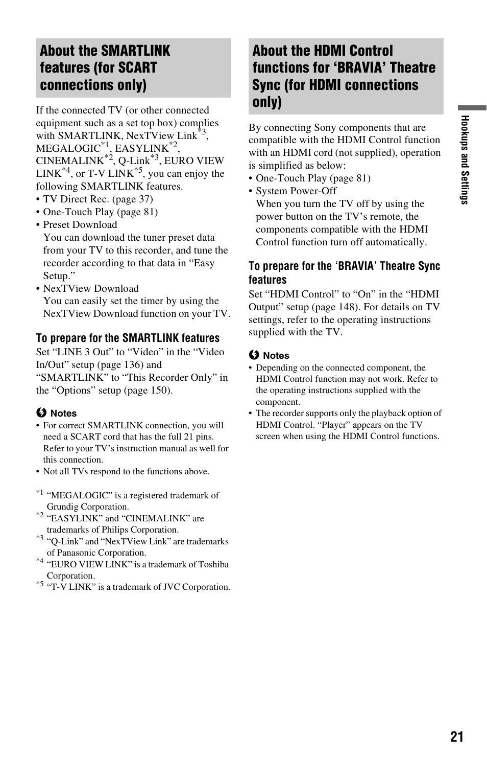For hdmi connections only) | Sony RDR-HXD970 User Manual | Page 21 / 172