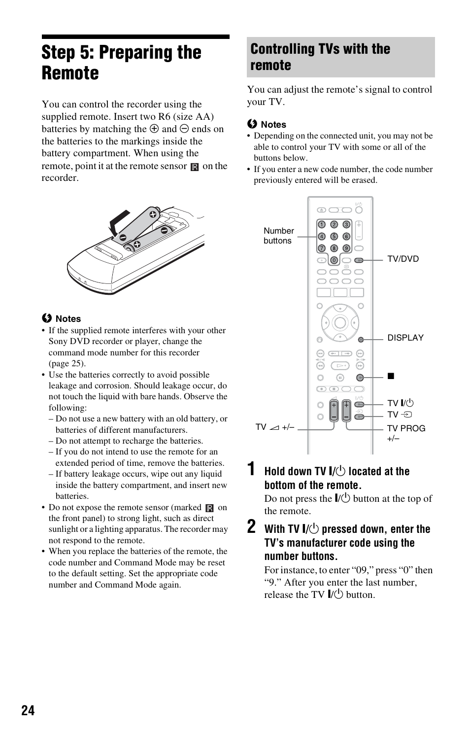 Step 5: preparing the remote, Controlling tvs with the remote | Sony RDR-HXD970 User Manual | Page 24 / 172