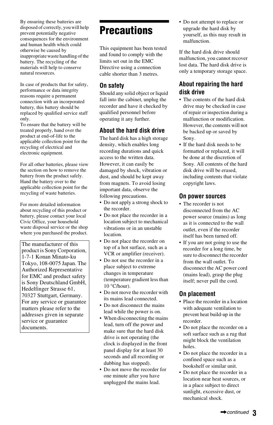 Precautions | Sony RDR-HXD970 User Manual | Page 3 / 172