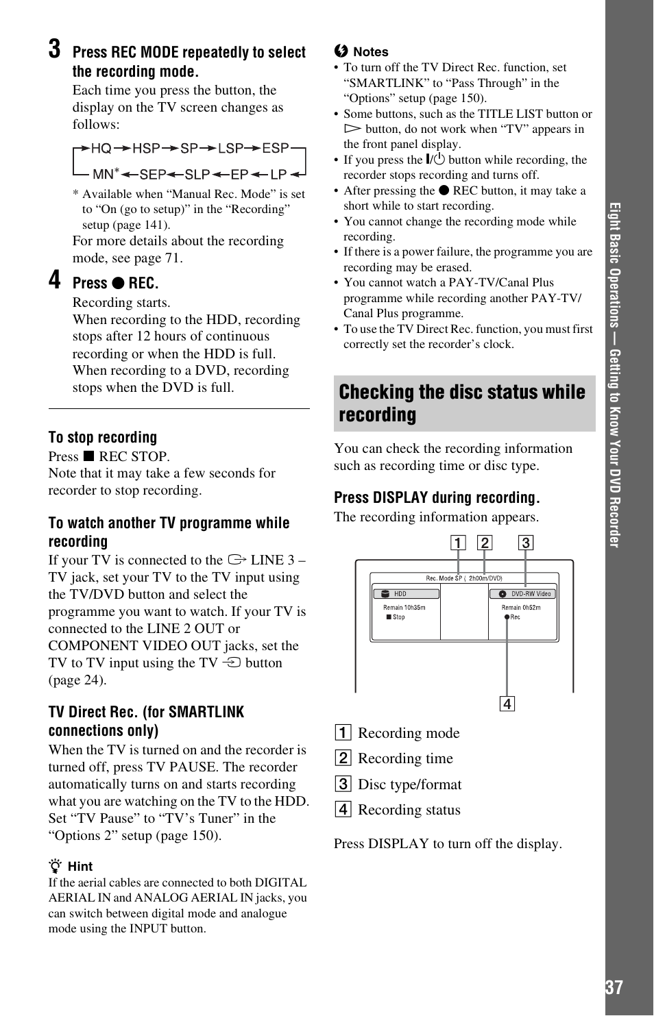 Checking the disc status while recording | Sony RDR-HXD970 User Manual | Page 37 / 172