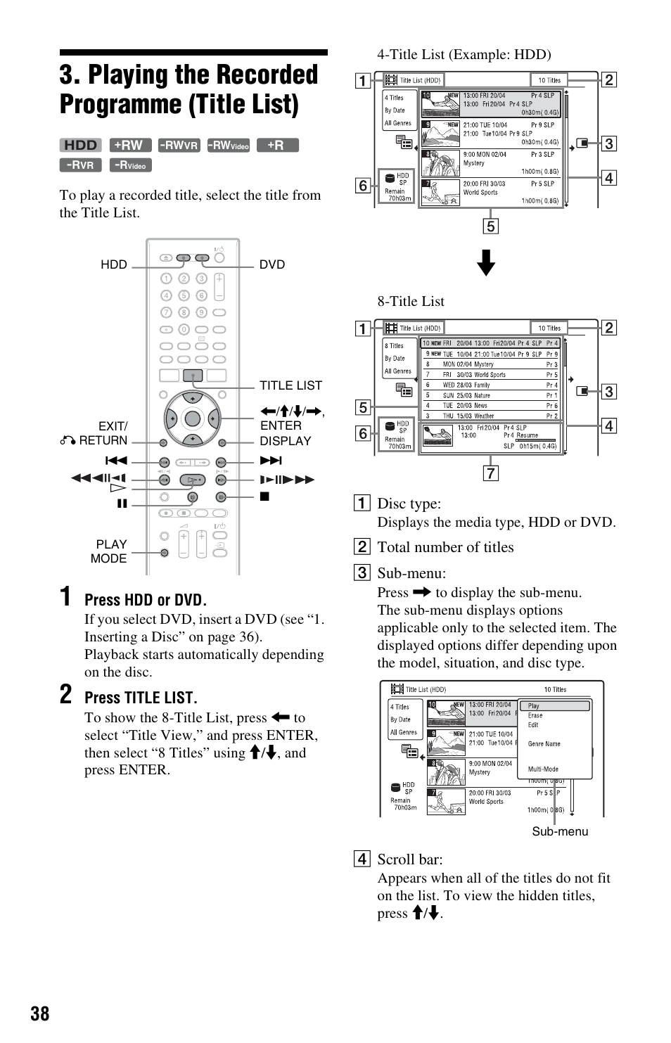 Playing the recorded programme (title list) | Sony RDR-HXD970 User Manual | Page 38 / 172