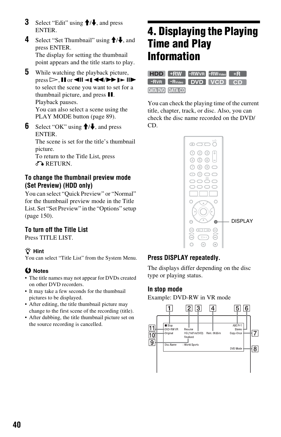 Displaying the playing time and play information | Sony RDR-HXD970 User Manual | Page 40 / 172