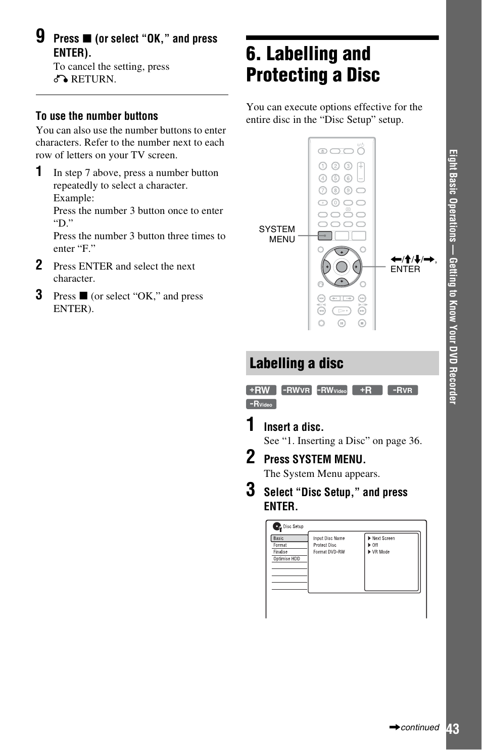 Labelling and protecting a disc, Labelling a disc | Sony RDR-HXD970 User Manual | Page 43 / 172