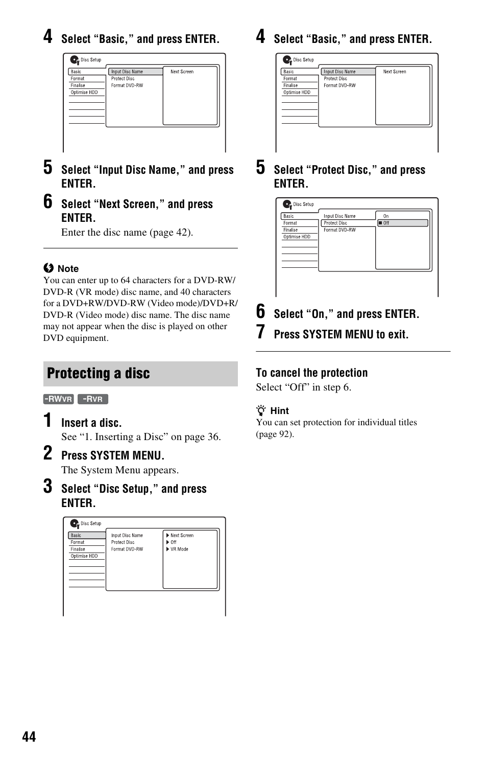 Protecting a disc | Sony RDR-HXD970 User Manual | Page 44 / 172