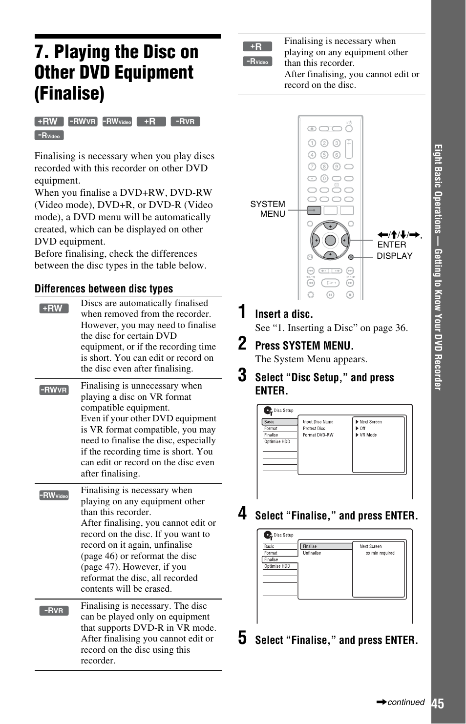 Playing the disc on other dvd equipment (finalise) | Sony RDR-HXD970 User Manual | Page 45 / 172