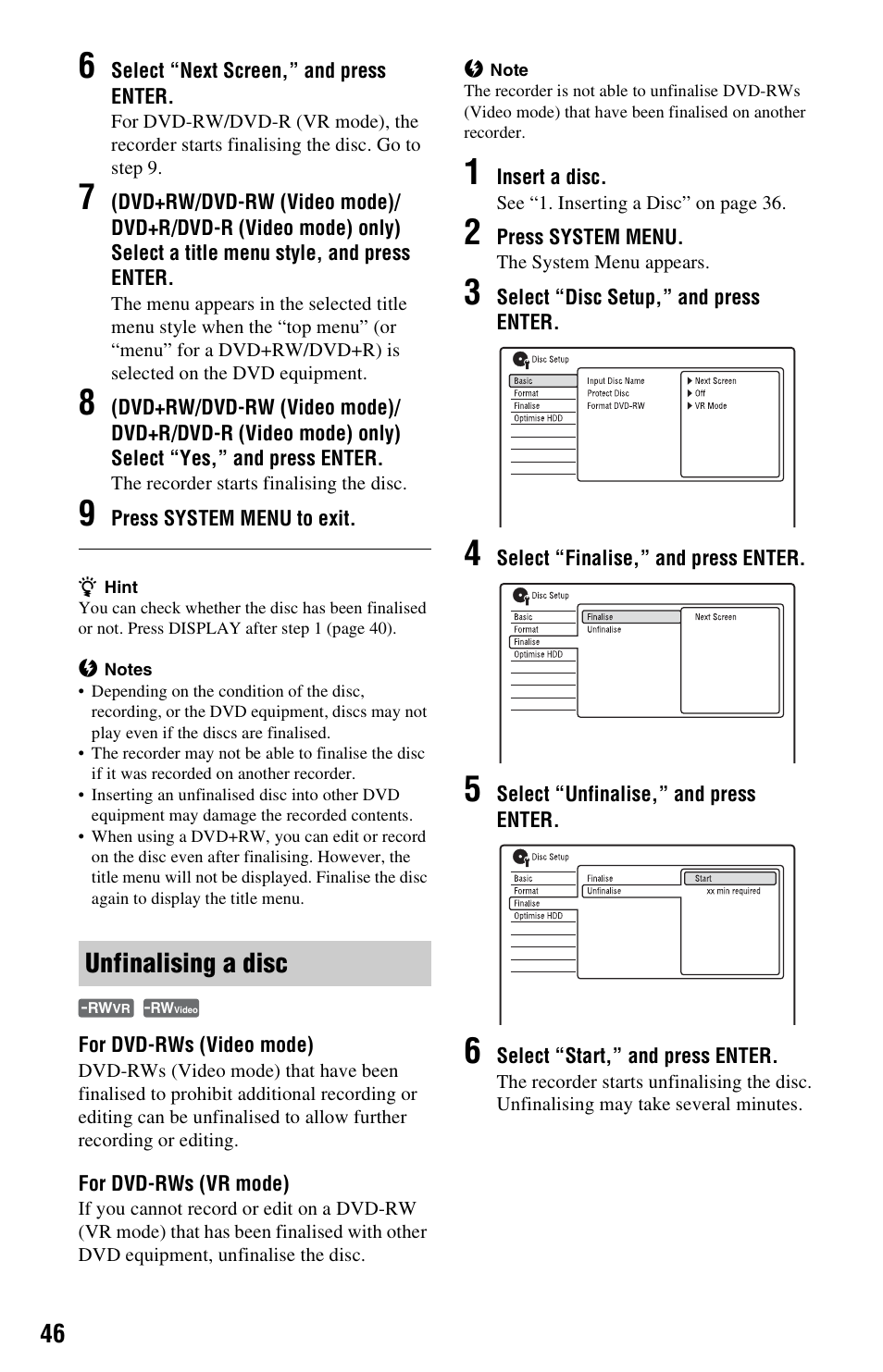 Unfinalising a disc | Sony RDR-HXD970 User Manual | Page 46 / 172