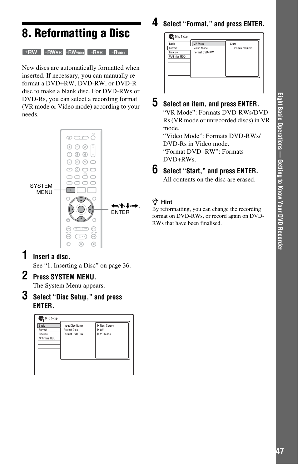 Reformatting a disc | Sony RDR-HXD970 User Manual | Page 47 / 172