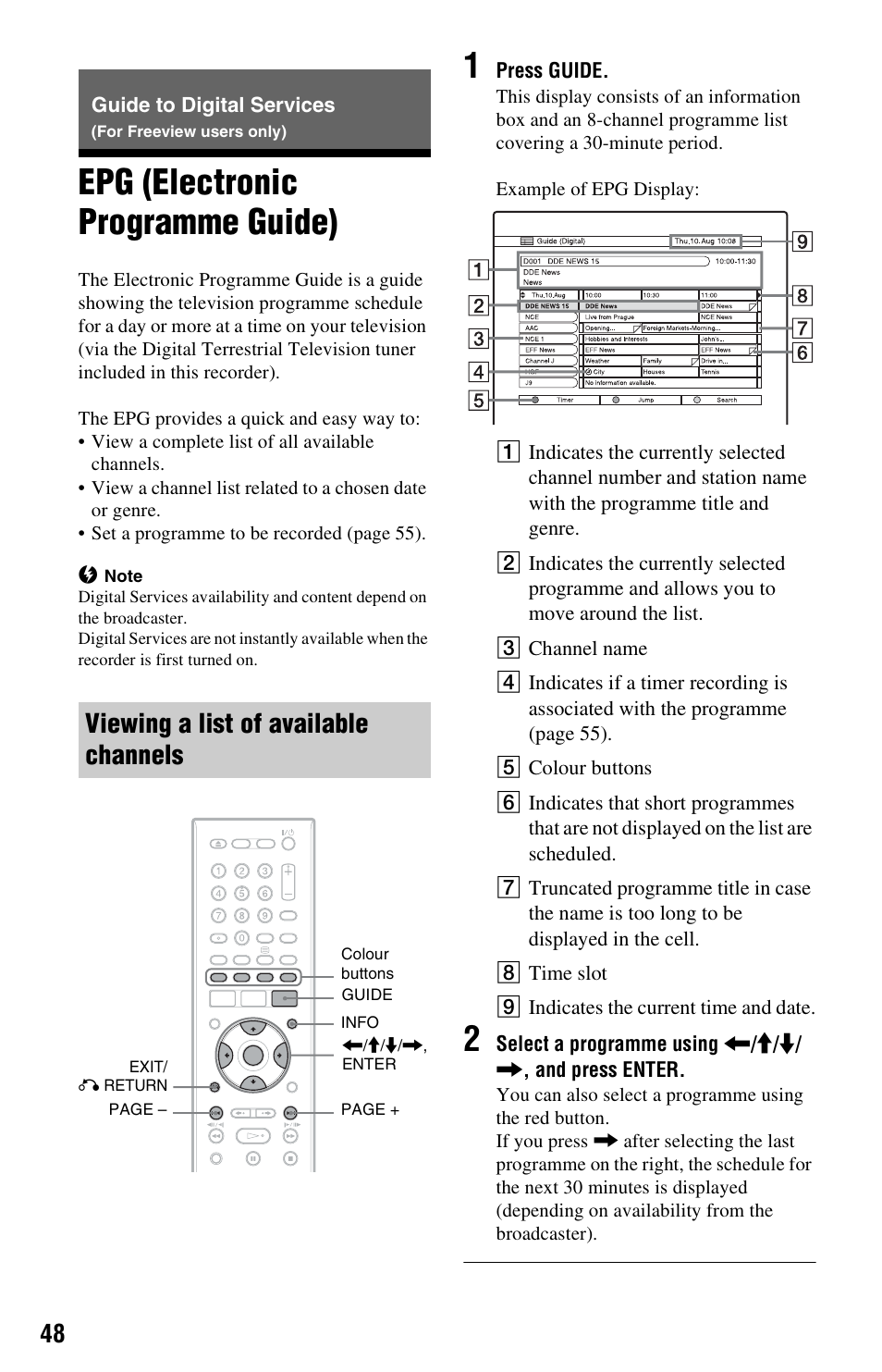 Epg (electronic programme guide), Viewing a list of available channels | Sony RDR-HXD970 User Manual | Page 48 / 172