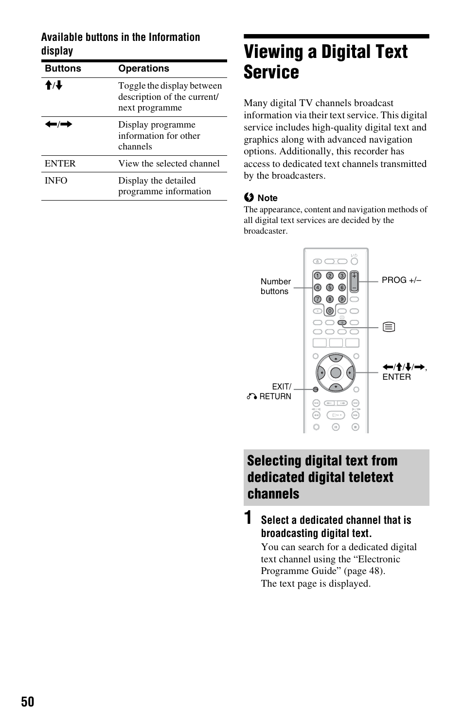 Viewing a digital text service | Sony RDR-HXD970 User Manual | Page 50 / 172