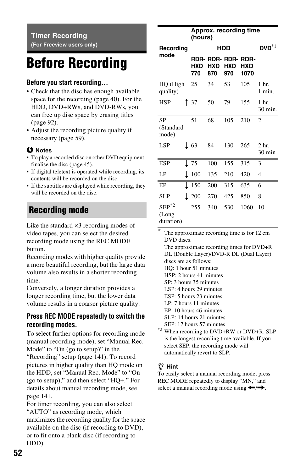 Timer recording (for freeview users only), Before recording, Recording mode | User | Sony RDR-HXD970 User Manual | Page 52 / 172