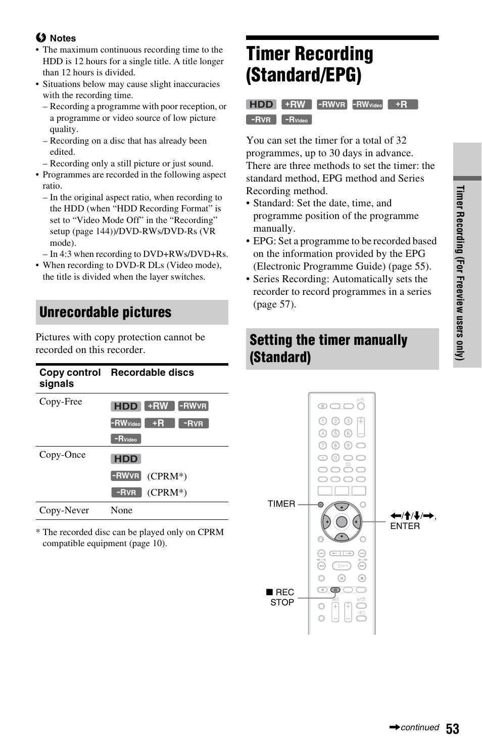 Unrecordable pictures, Timer recording (standard/epg), Setting the timer manually (standard) | Sony RDR-HXD970 User Manual | Page 53 / 172