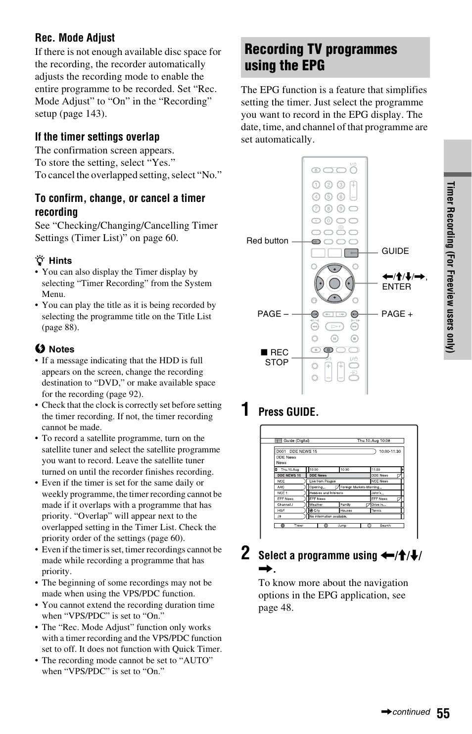 Recording tv programmes using the epg | Sony RDR-HXD970 User Manual | Page 55 / 172