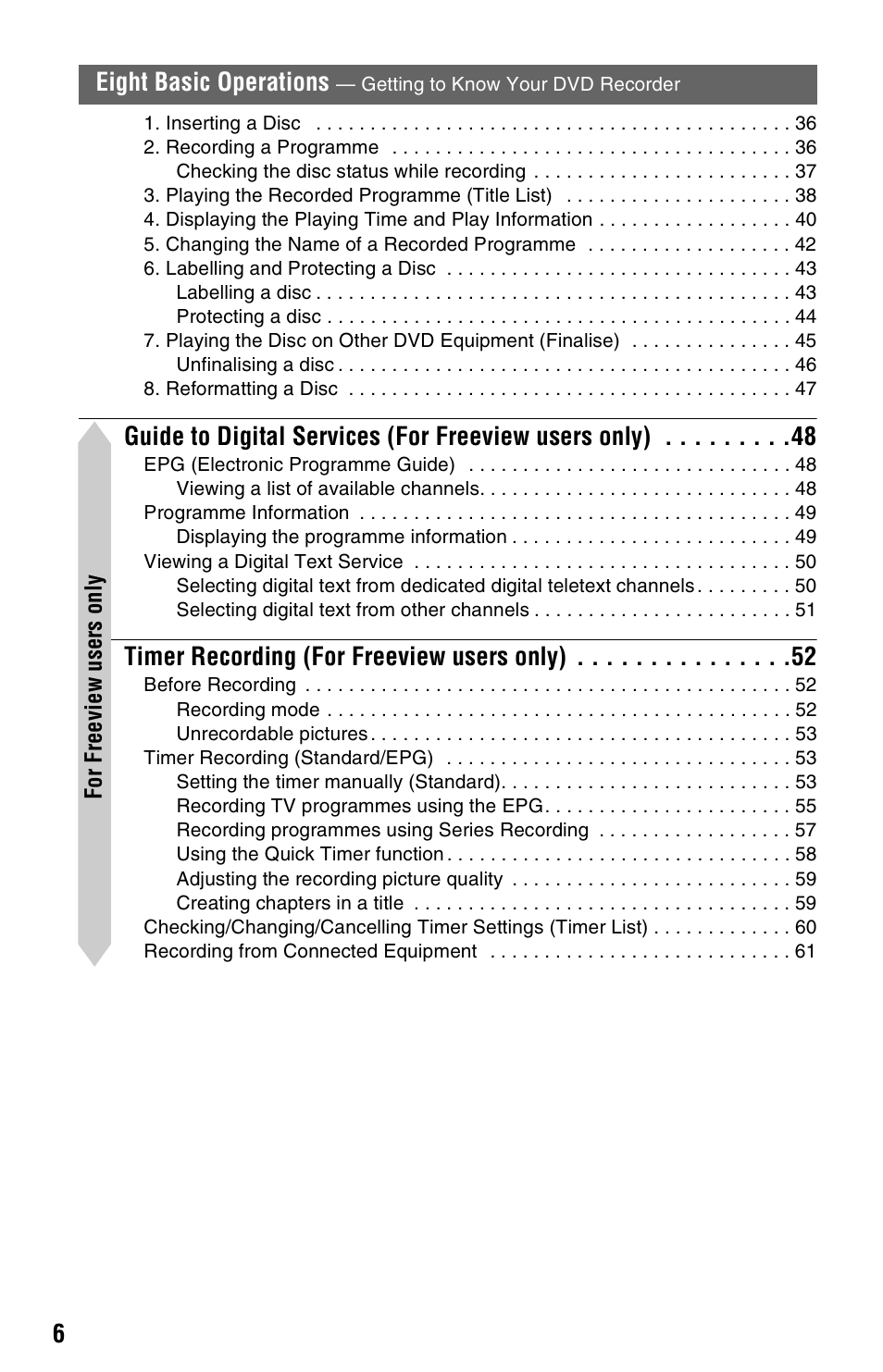 Timer recording (for freeview users only), Eight basic operations | Sony RDR-HXD970 User Manual | Page 6 / 172