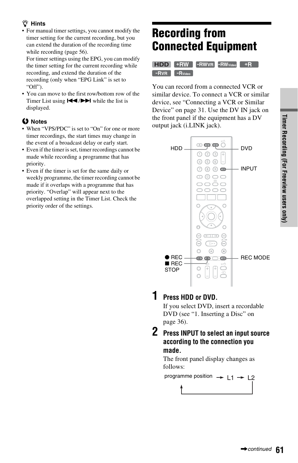 Recording from connected equipment | Sony RDR-HXD970 User Manual | Page 61 / 172