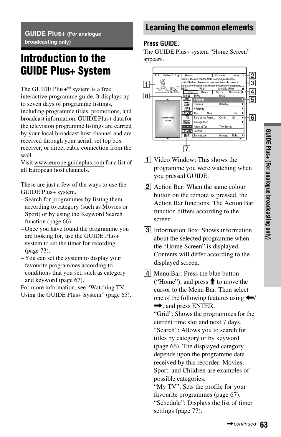 Guide plus+ (for analogue broadcasting only), Introduction to the guide plus+ system, Learning the common elements | Sony RDR-HXD970 User Manual | Page 63 / 172