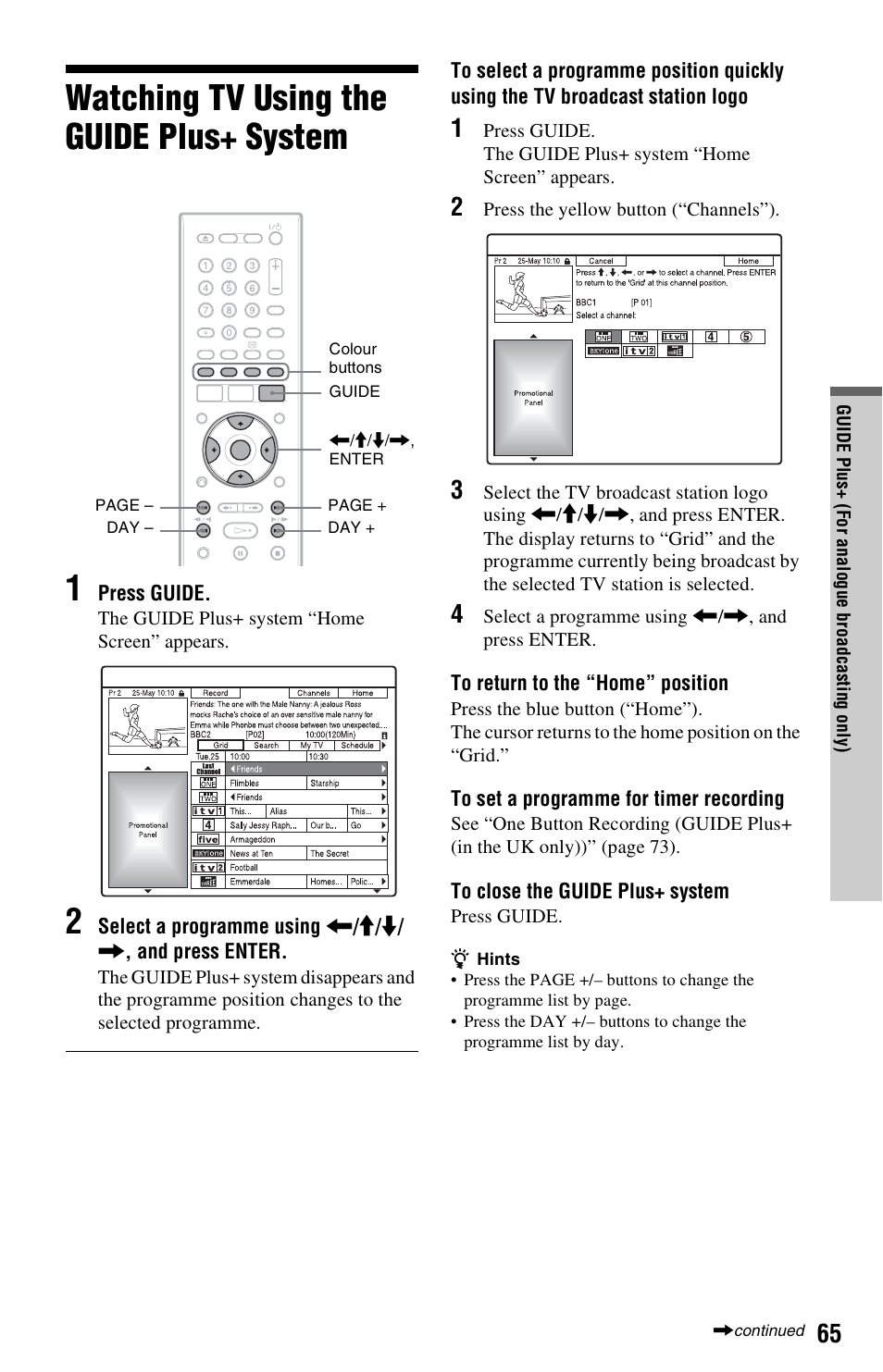 Watching tv using the guide plus+ system, Watching tv using the guide plus+ system 1 | Sony RDR-HXD970 User Manual | Page 65 / 172
