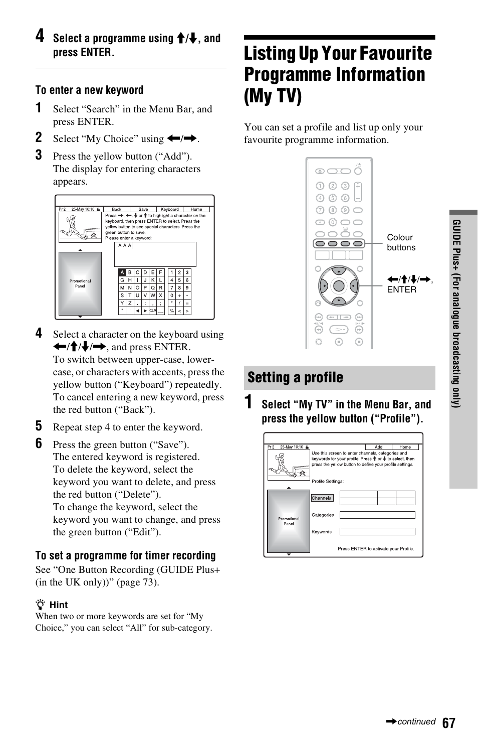 Setting a profile | Sony RDR-HXD970 User Manual | Page 67 / 172