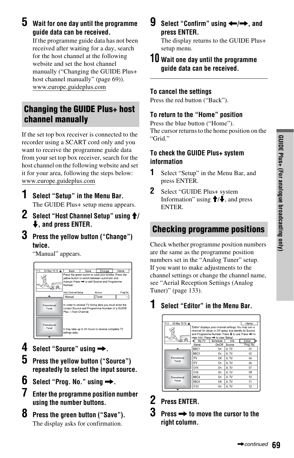 Changing the guide plus+ host channel manually, Checking programme positions, Changing the guide | Sony RDR-HXD970 User Manual | Page 69 / 172