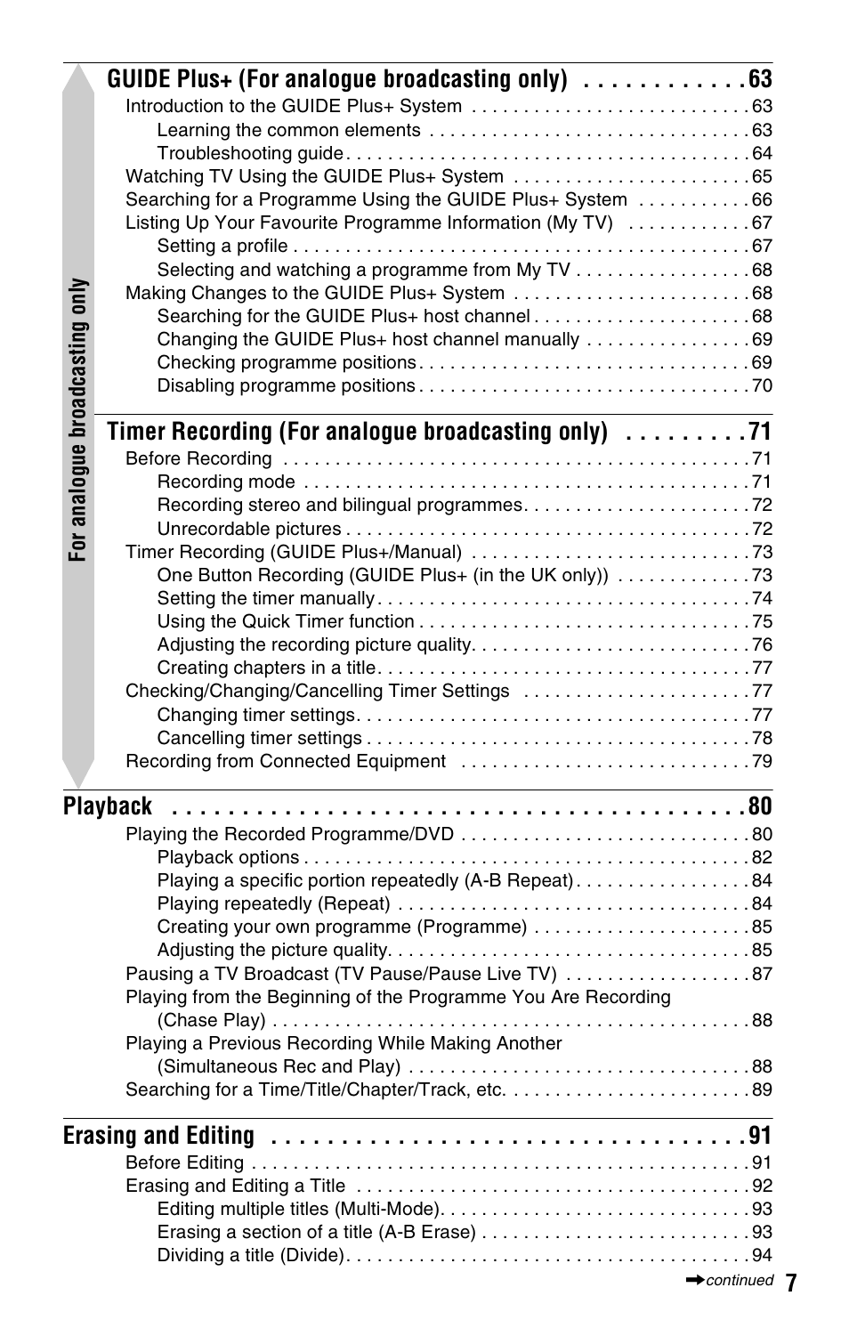 7guide plus+ (for analogue broadcasting only), Timer recording (for analogue broadcasting only), Playback | Erasing and editing | Sony RDR-HXD970 User Manual | Page 7 / 172