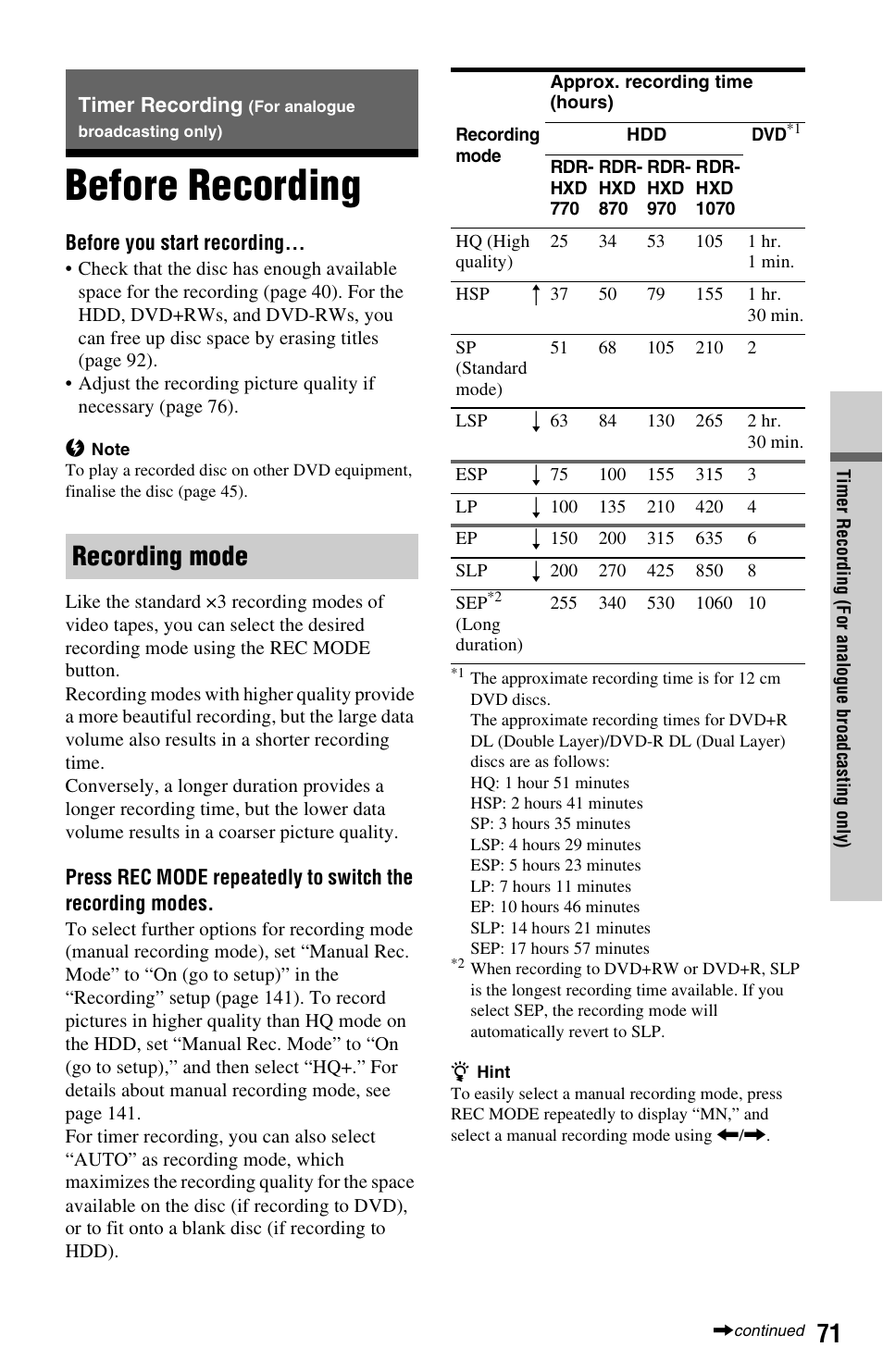 Timer recording (for analogue broadcasting only), Before recording, Recording mode | Ue b | Sony RDR-HXD970 User Manual | Page 71 / 172